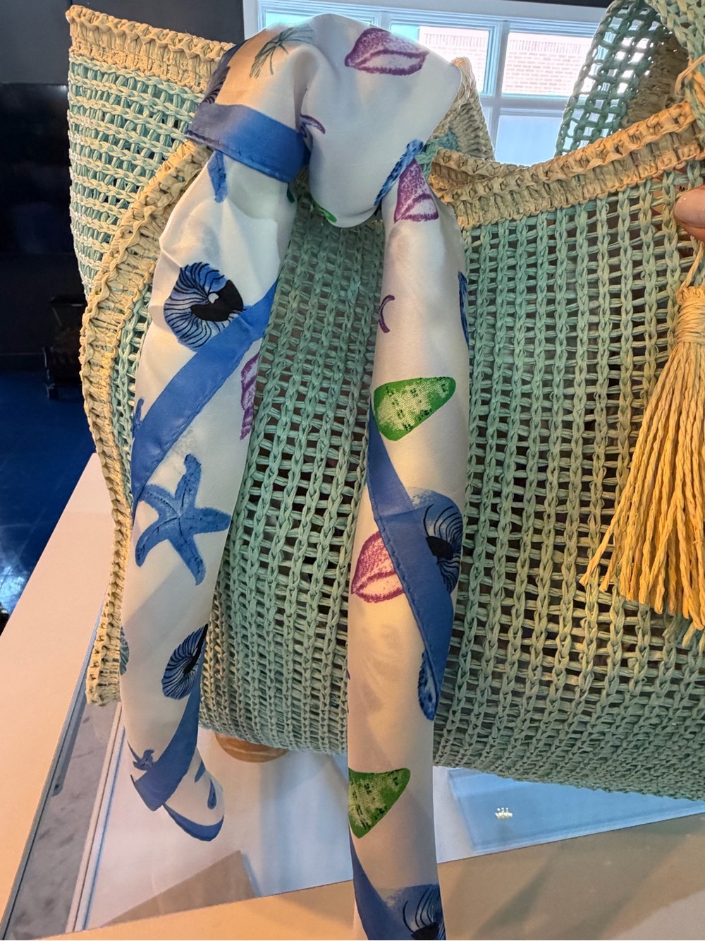 Mint Green Woven Tote with Decorative Scarf